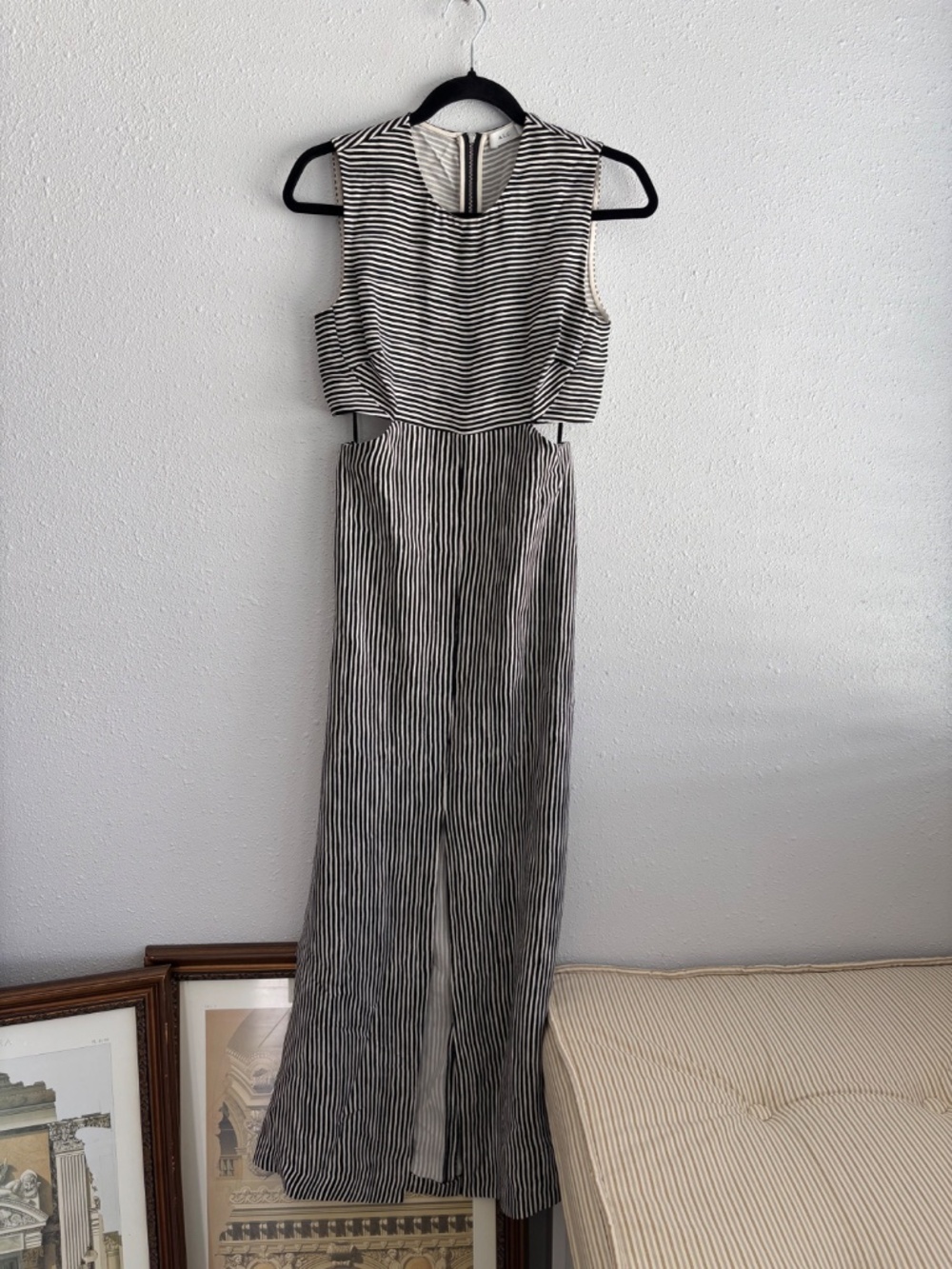 A.L.C. Loretta 100% Silk Mixed-stripe Maxi Cutout Dress Black White Sleeveless